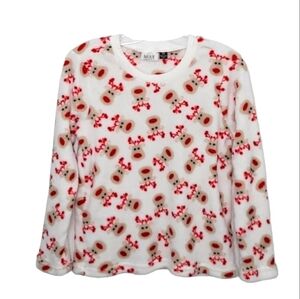 White Crewneck Soft Fleece Reindeer Pajama Top Kidcore Loungewear Women's Medium